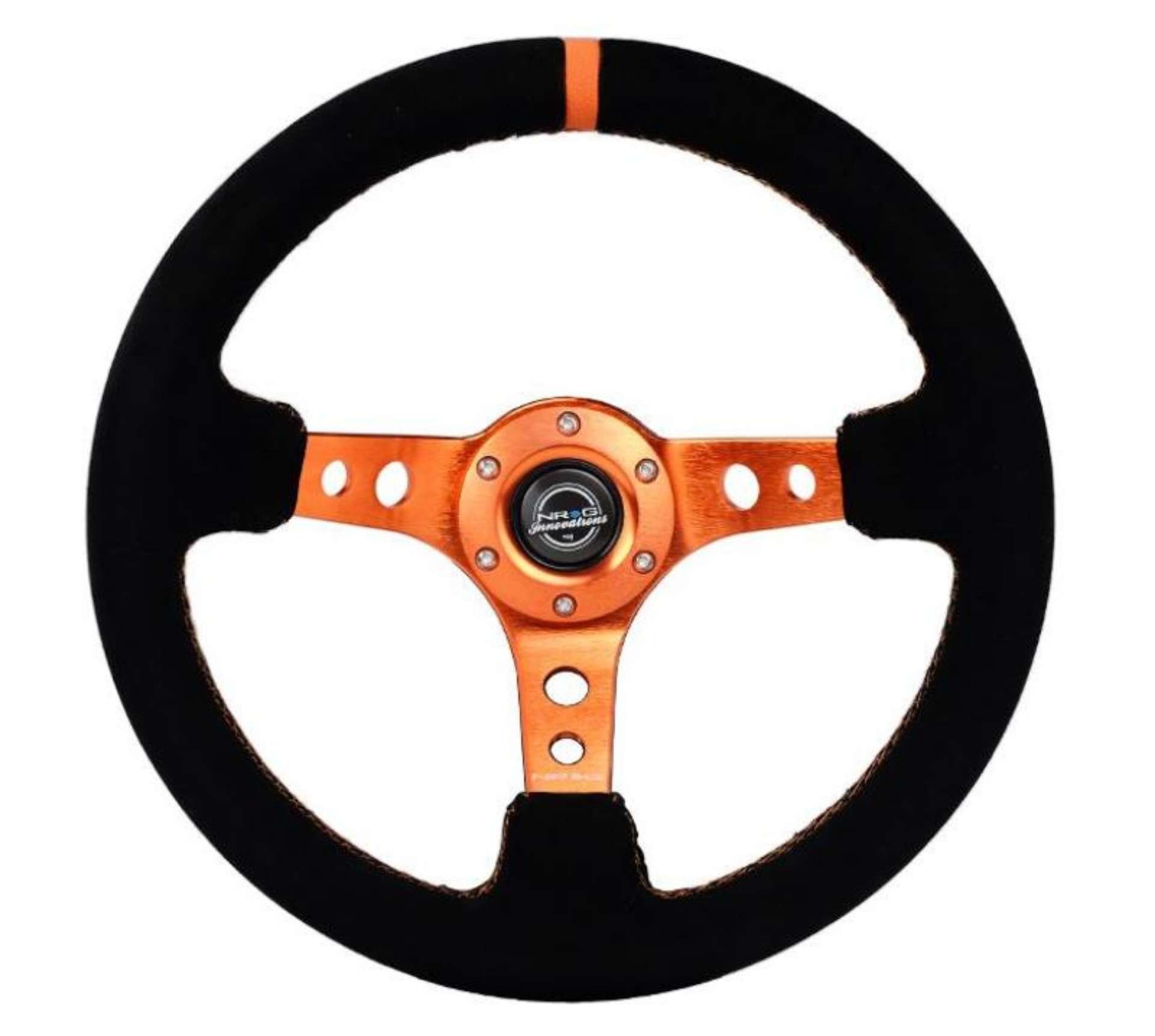 Picture of NRG Reinforced Steering Wheel 350mm- 3in- Deep Black Suede- Orange Center Mark- Orange Stitching