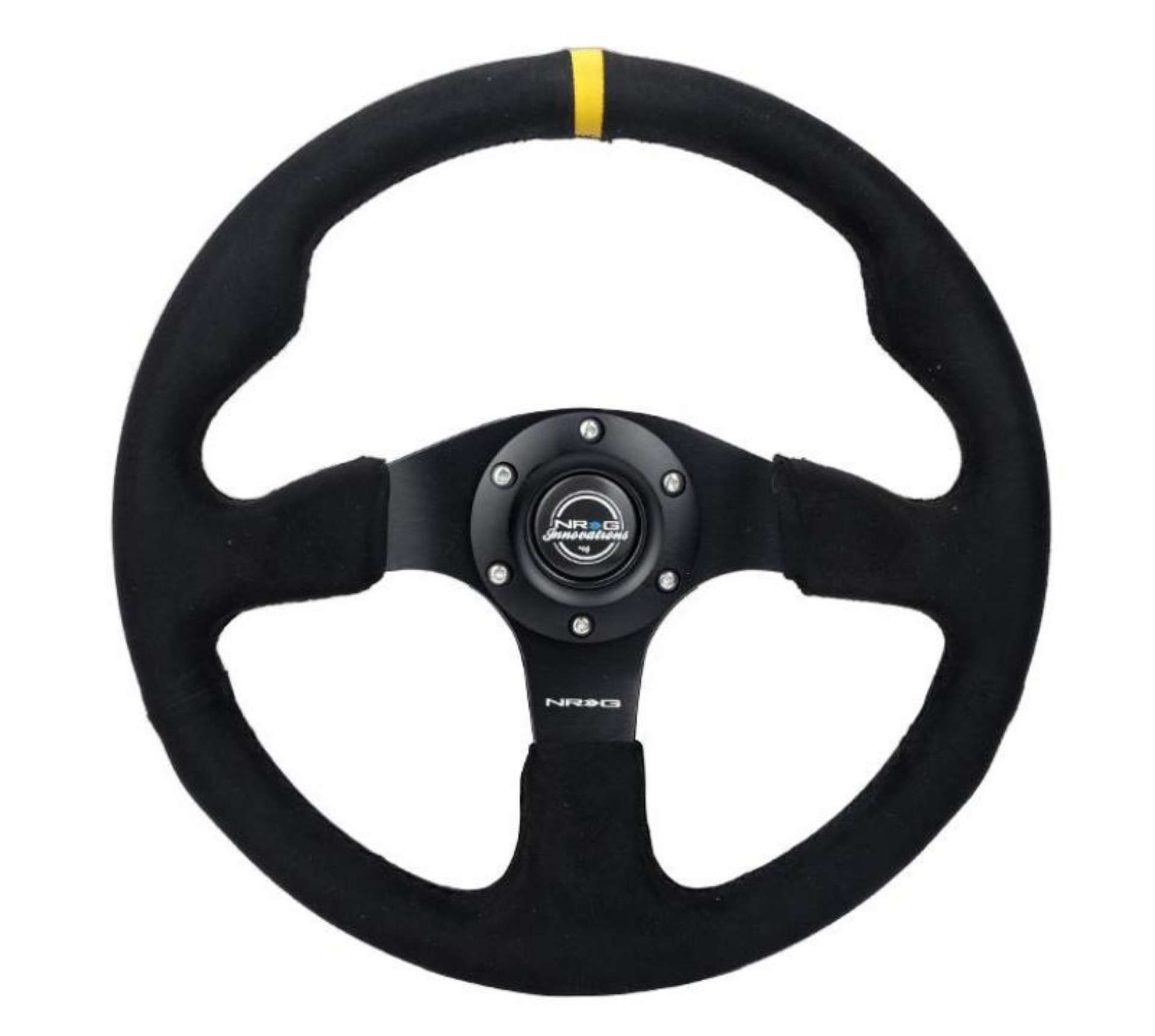 Picture of NRG Reinforced Steering Wheel 350mm- 3in- Deep Alcantara w- Yellow Center w- Black Stitch