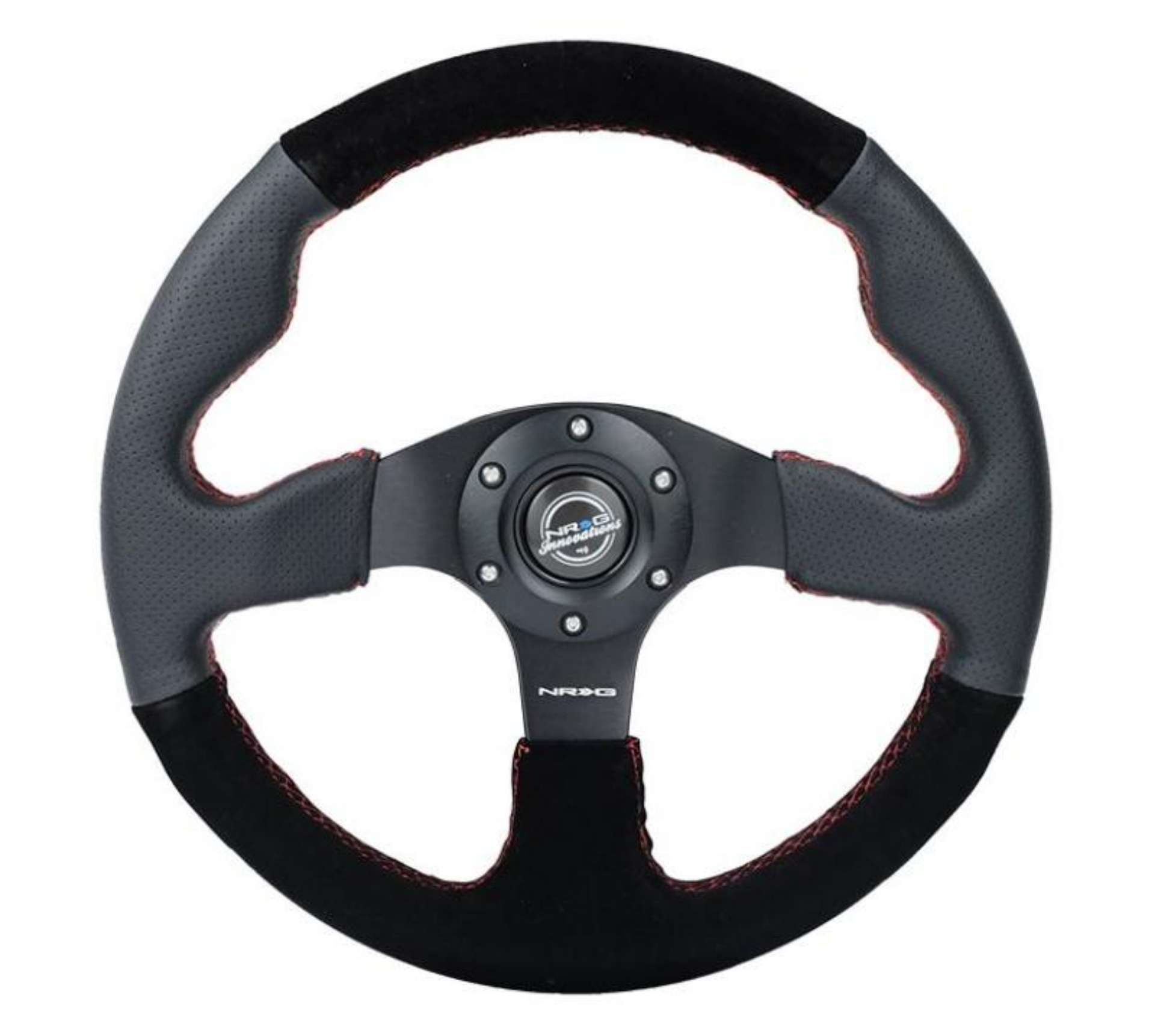 Picture of NRG Reinforced Steering Wheel 320mm- 2-5in- Deep Sport Leather - Suede w- Red Stitch