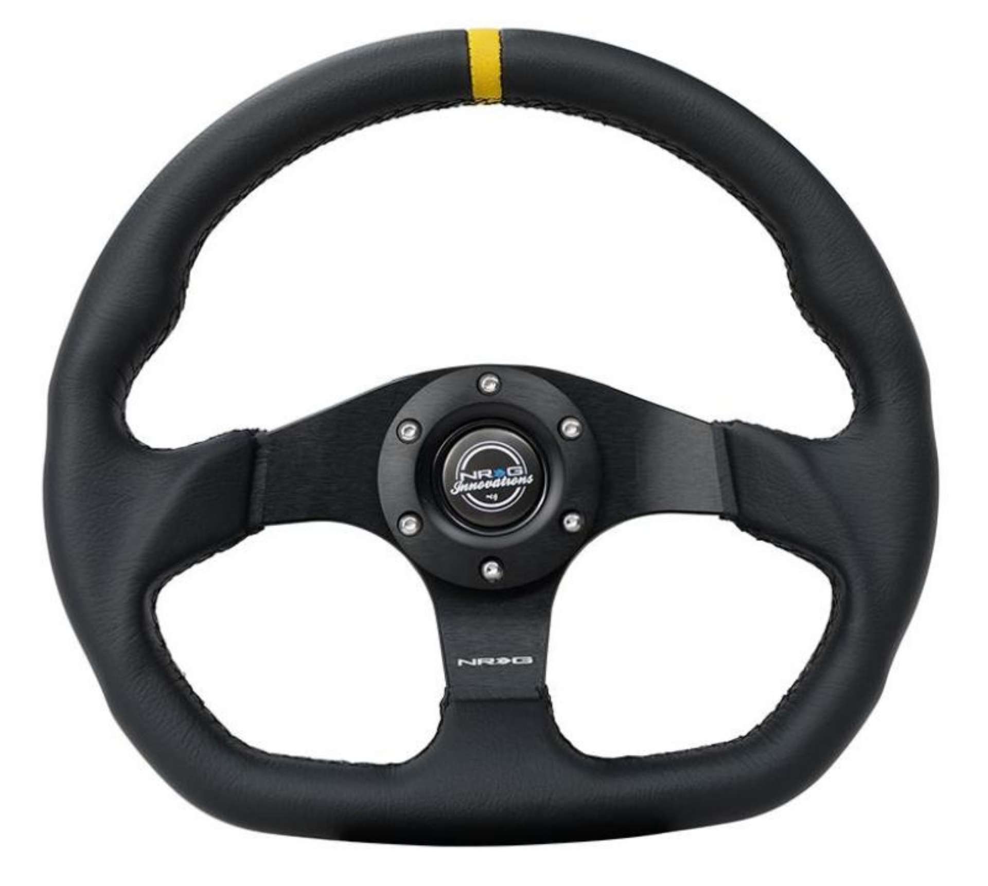 Picture of NRG Reinforced Steering Wheel 320mm Sport Leather Flat Bottom w- Yellow Center Mark