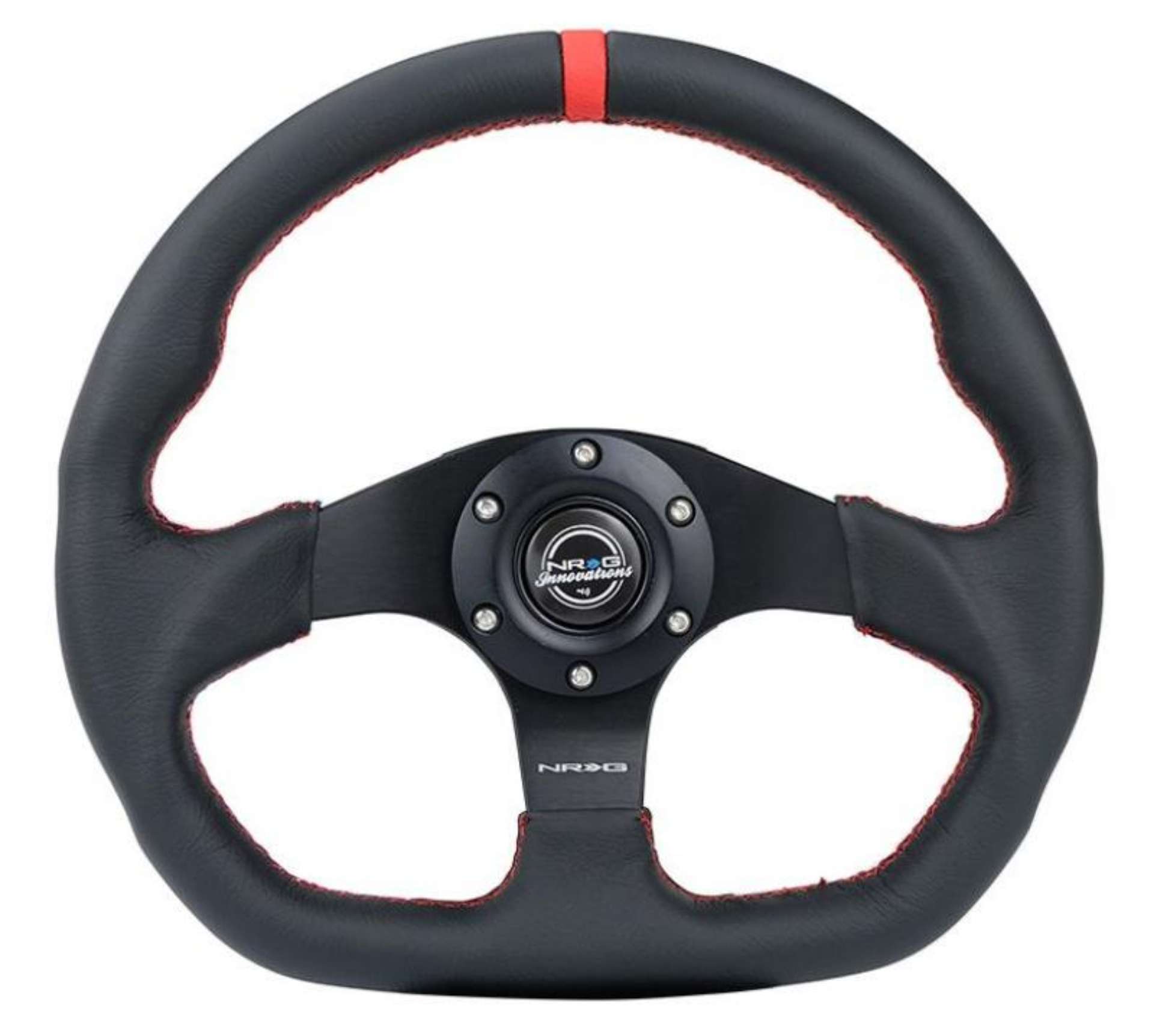 Picture of NRG Reinforced Steering Wheel 320mm Sport Leather Flat Bottom w- Red Center Mark- Red Stitching