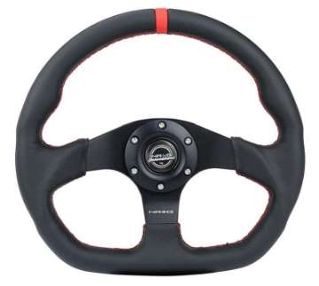 Picture of NRG Reinforced Steering Wheel 320mm Sport Leather Flat Bottom w- Red Center Mark- Red Stitching