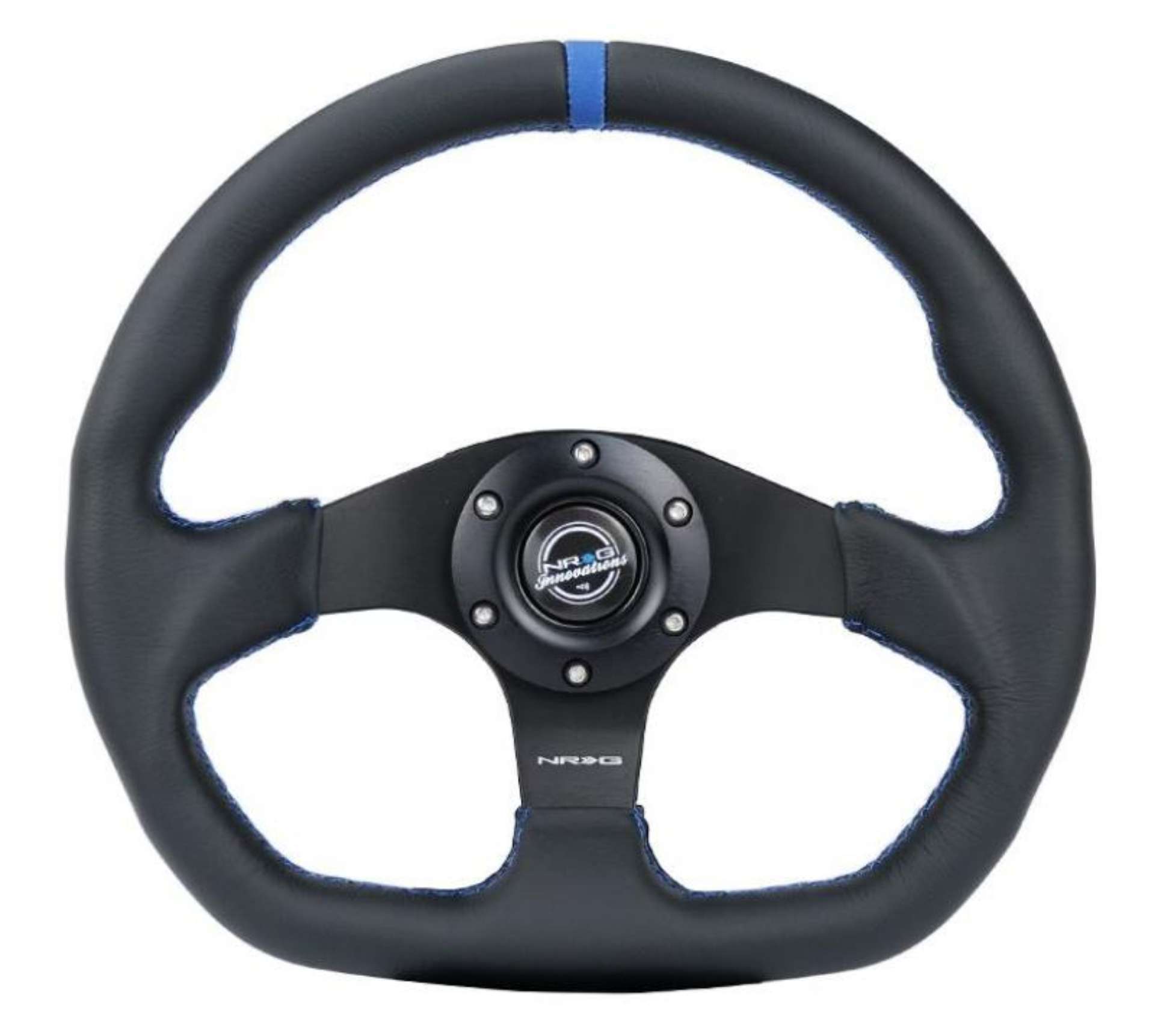 Picture of NRG Reinforced Steering Wheel 320mm Sport Leather Flat Bottom w- Blue Center- Blue Stitching