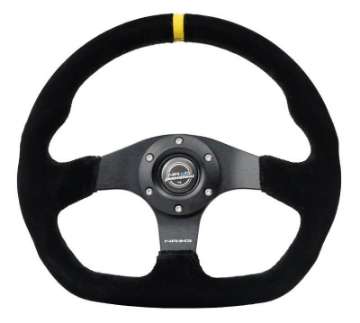 Picture of NRG Reinforced Steering Wheel 320mm Sport Suede Dual Push Buttons Flat Bottom w- Yellow Center