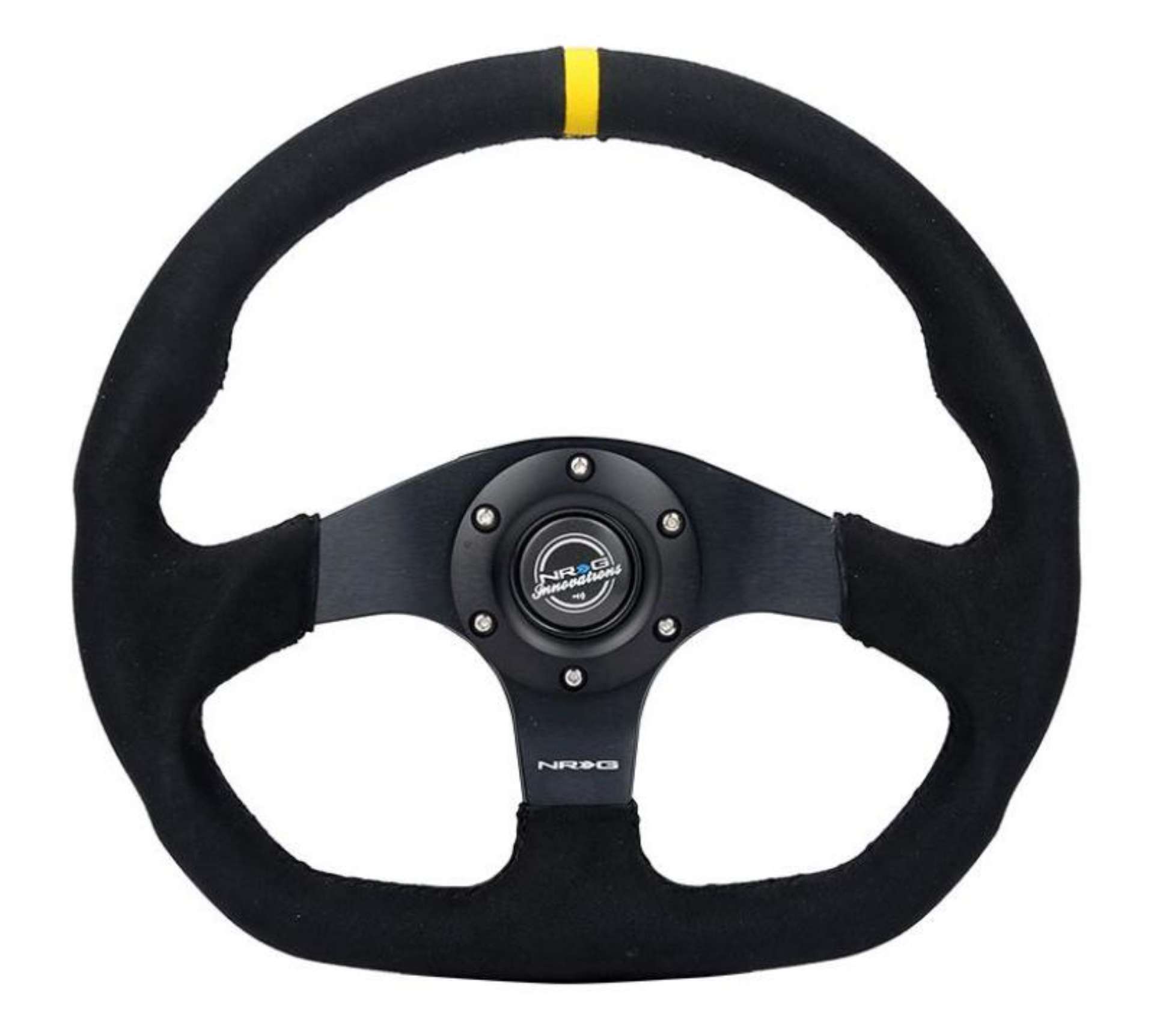 Picture of NRG Reinforced Steering Wheel 320mm Sport Alcantara Dual Push Buttons Flat Bottom w-Yellow Center