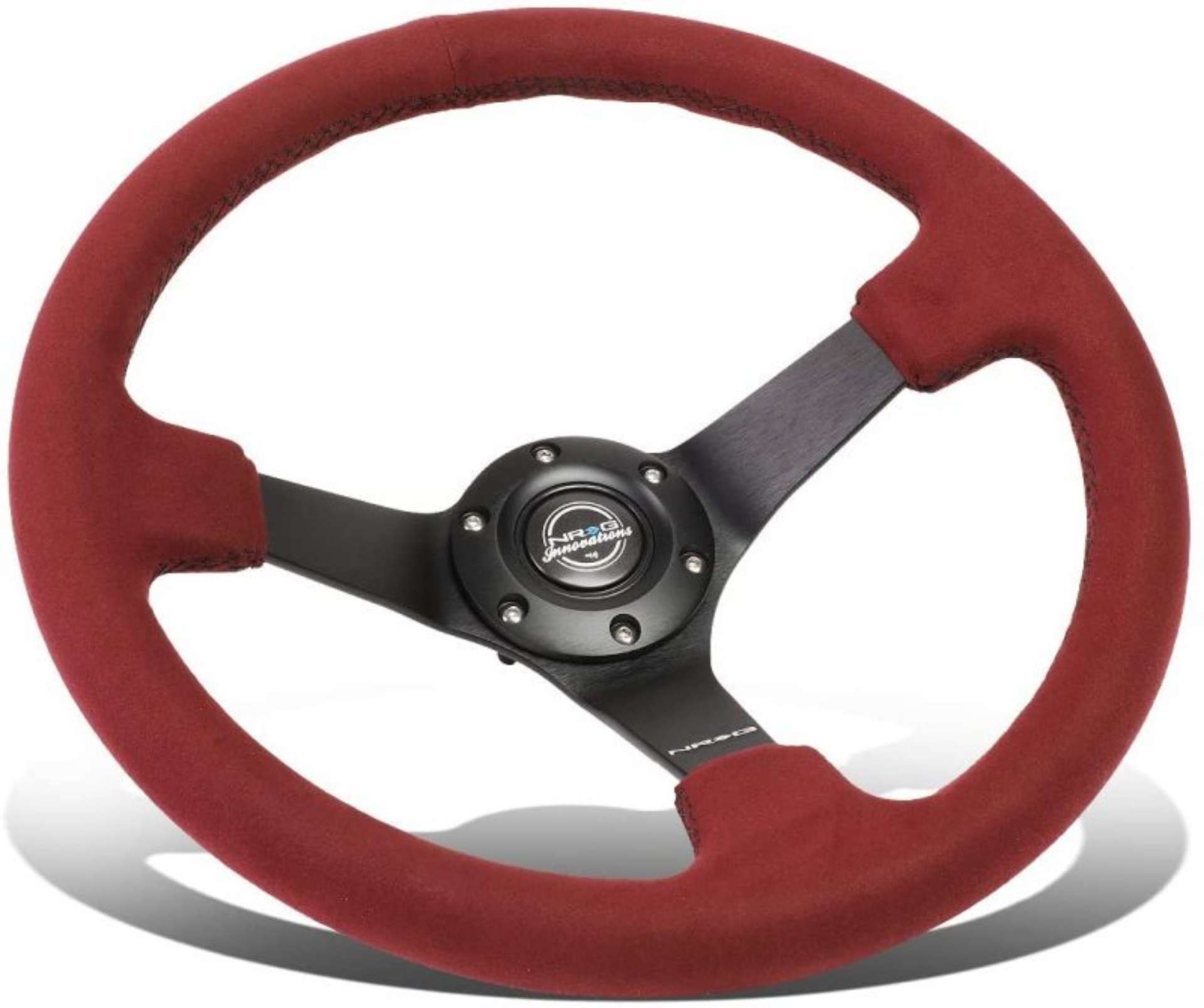 Picture of NRG Reinforced Steering Wheel 350mm- 3in- Deep Black Spoke- Burgundy Alcantara w- Black Stitch