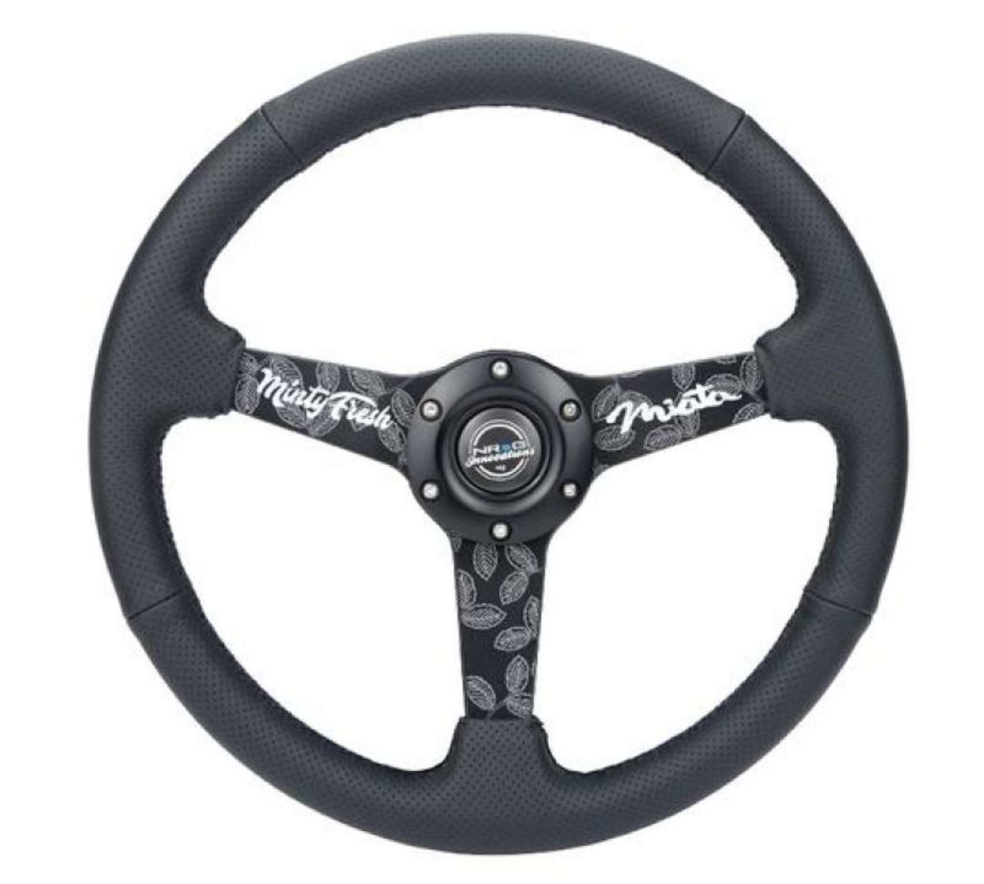 Picture of NRG Sport Steering Wheel 350mm- 1-5in- Deep Black Etched Spokes- Black Leather w- Black Stitch