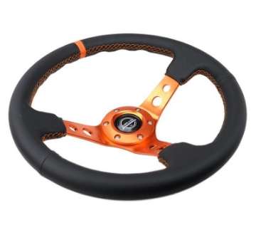 Picture of NRG Reinforce Steering Wheel 350mm - 3in- Deep Blk Leather, Orange Center Mark w- Orange Stitching