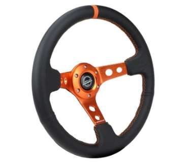 Picture of NRG Reinforce Steering Wheel 350mm - 3in- Deep Blk Leather, Orange Center Mark w- Orange Stitching