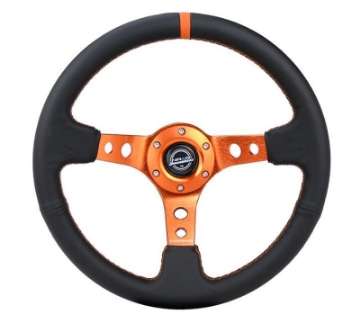 Picture of NRG Reinforce Steering Wheel 350mm - 3in- Deep Blk Leather, Orange Center Mark w- Orange Stitching