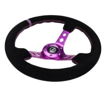 Picture of NRG Reinforced Steering Wheel 350mm - 3in- Deep Black Suede w-Purple Center & Purple Stitching