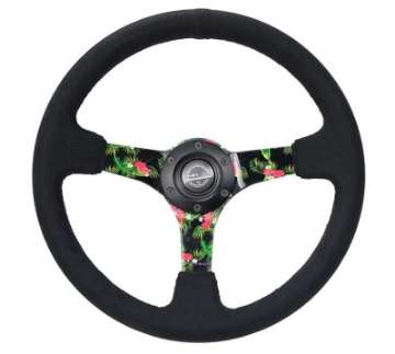 Picture of NRG Reinforced Steering Wheel 350mm - 3in- Deep Black Suede w- 5mm Floral 3-Spoke Center