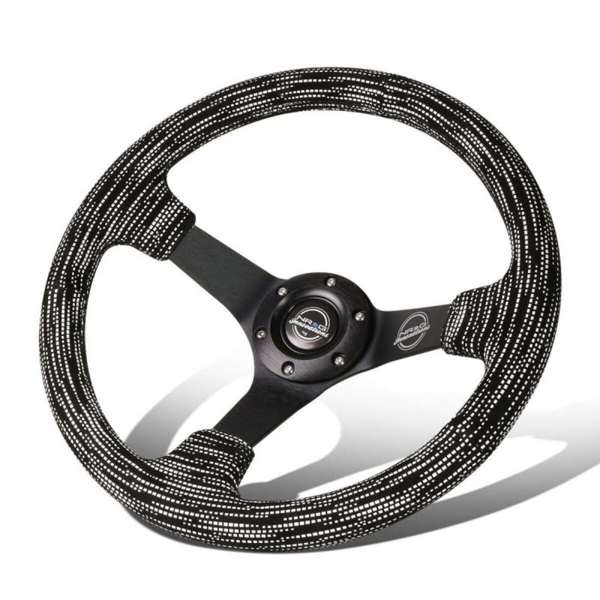 Picture of NRG Reinforced Steering Wheel 350mm - 3in- Deep Microfiber-Black Stitch w-5mm Matte Black Spokes