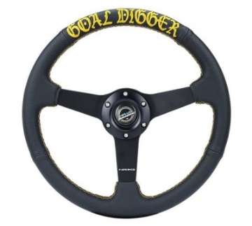 Picture of NRG Sport Steering Wheel 350mm - 1-5in Deep Black Leather-Gold Stitch w-Matte Black Solid Spokes