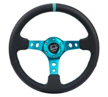 Picture of NRG Reinforce Steering Wheel 350mm - 3in- Deep Blk Leather, Teal Center Mark w- Teal Stitching