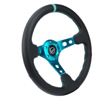 Picture of NRG Reinforce Steering Wheel 350mm - 3in- Deep Blk Leather, Teal Center Mark w- Teal Stitching