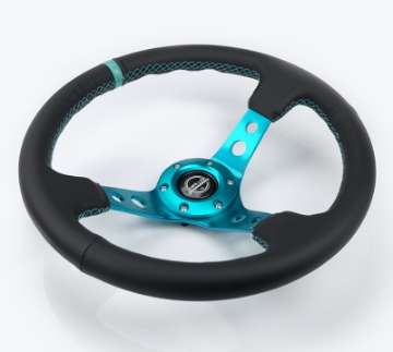 Picture of NRG Reinforce Steering Wheel 350mm - 3in- Deep Blk Leather, Teal Center Mark w- Teal Stitching