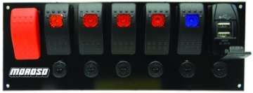 Picture of Moroso Rocker Switch Panel - Flat Surface Mount - LED w-USB - 3-388in x 9-15in -Five On-Off Switches