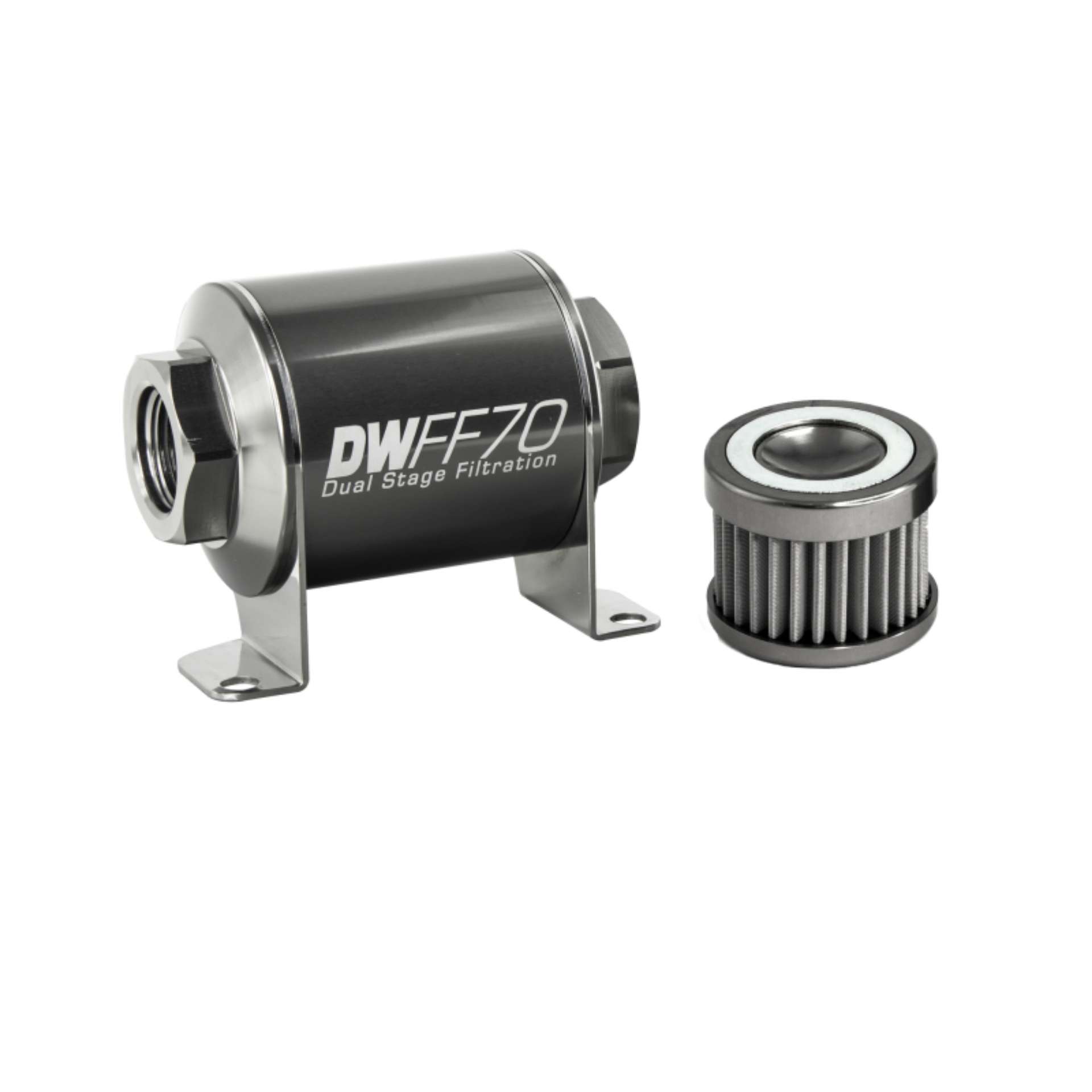 Picture of DeatschWerks Stainless Steel 8AN 40 Micron Universal Inline Fuel Filter Housing Kit 70mm