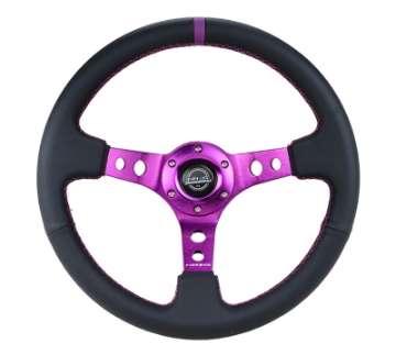 Picture of NRG Reinforced Steering Wheel 350mm - 3in- Deep Black Leather w-Purple Center & Purple Stitching