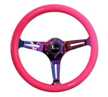 Picture of NRG Classic Wood Grain Steering Wheel 350mm Neon Pink Painted Grip w-Neochrome 3-Spoke Center