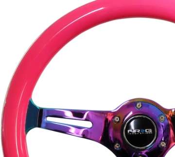 Picture of NRG Classic Wood Grain Steering Wheel 350mm Neon Pink Painted Grip w-Neochrome 3-Spoke Center