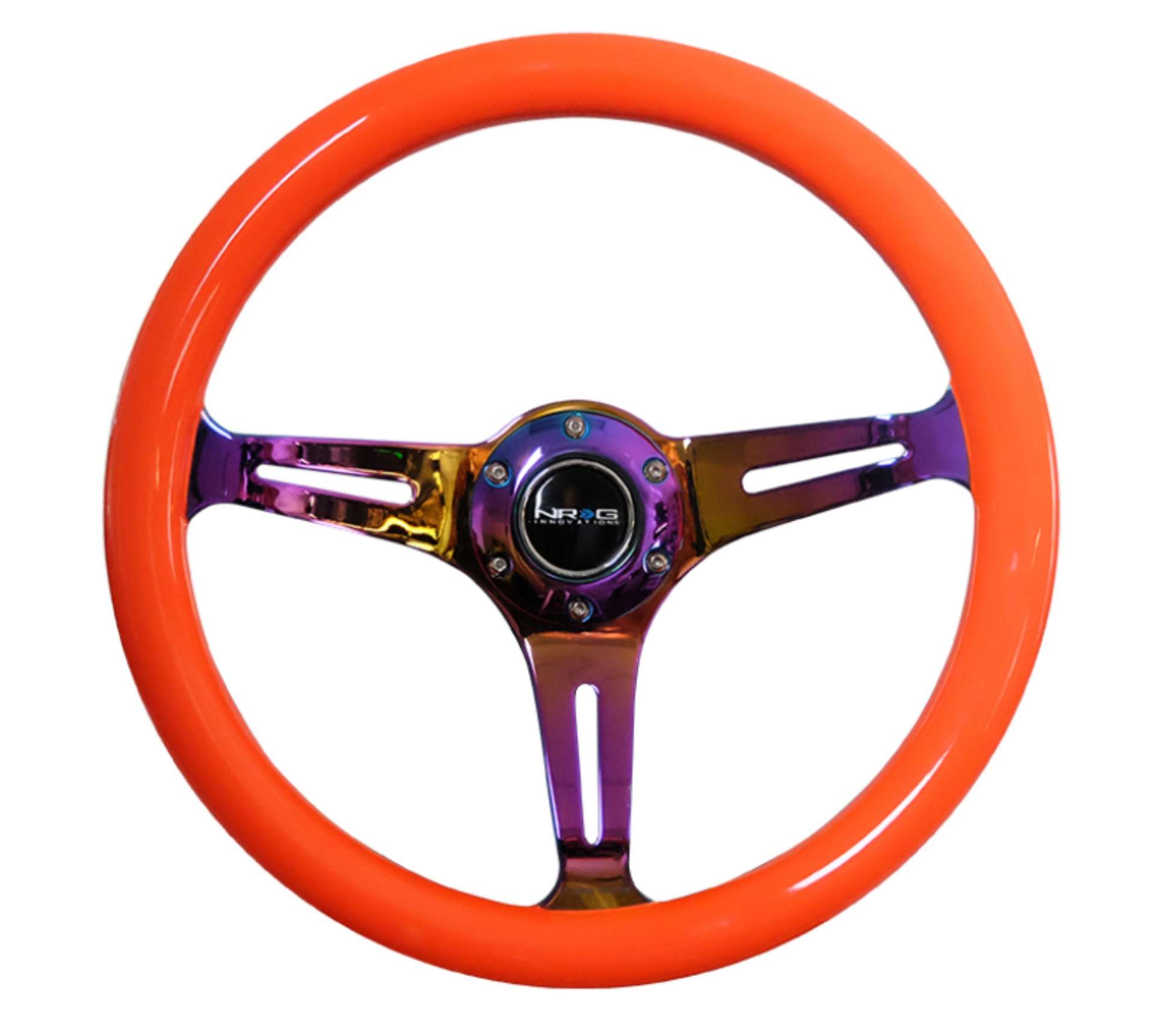 Picture of NRG Classic Wood Grain Steering Wheel 350mm Neon Orange Color w-Neochrome Spokes