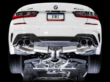 Picture of AWE Tuning 2019+ BMW M340i G20 Resonated Touring Edition Exhaust - Quad Chrome Silver Tips