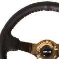 Picture of NRG Reinforced Steering Wheel 3in Deep - 4mm 350mm Blk Leather w-Red BBall Stitch & Gold Spoke