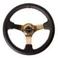 Picture of NRG Reinforced Steering Wheel 3in Deep - 4mm 350mm Blk Leather w-Red BBall Stitch & Gold Spoke