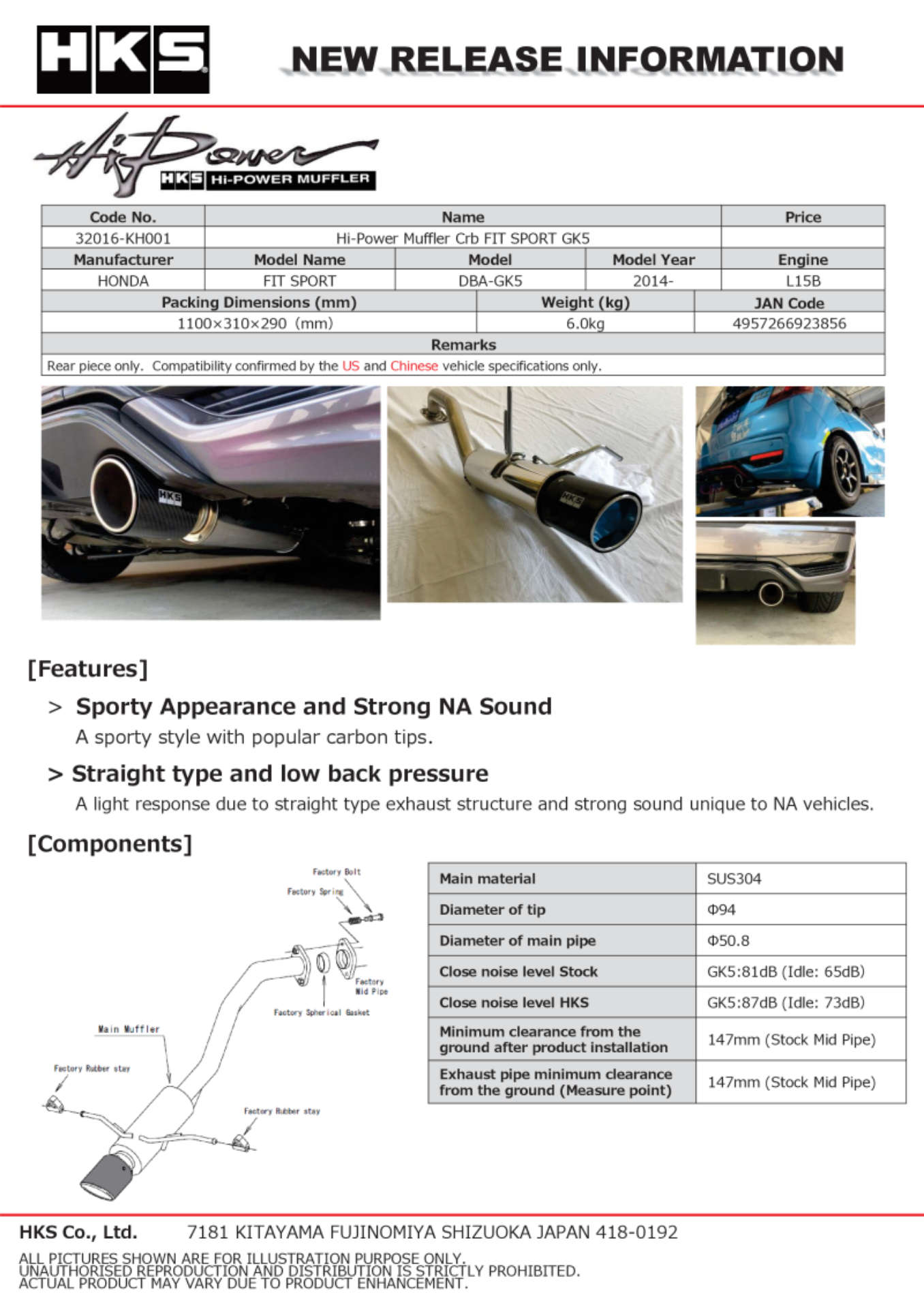 Picture of HKS Hi-Power Muffler 2014+ Honda Fit Sport GK5 w- Carbon Tips