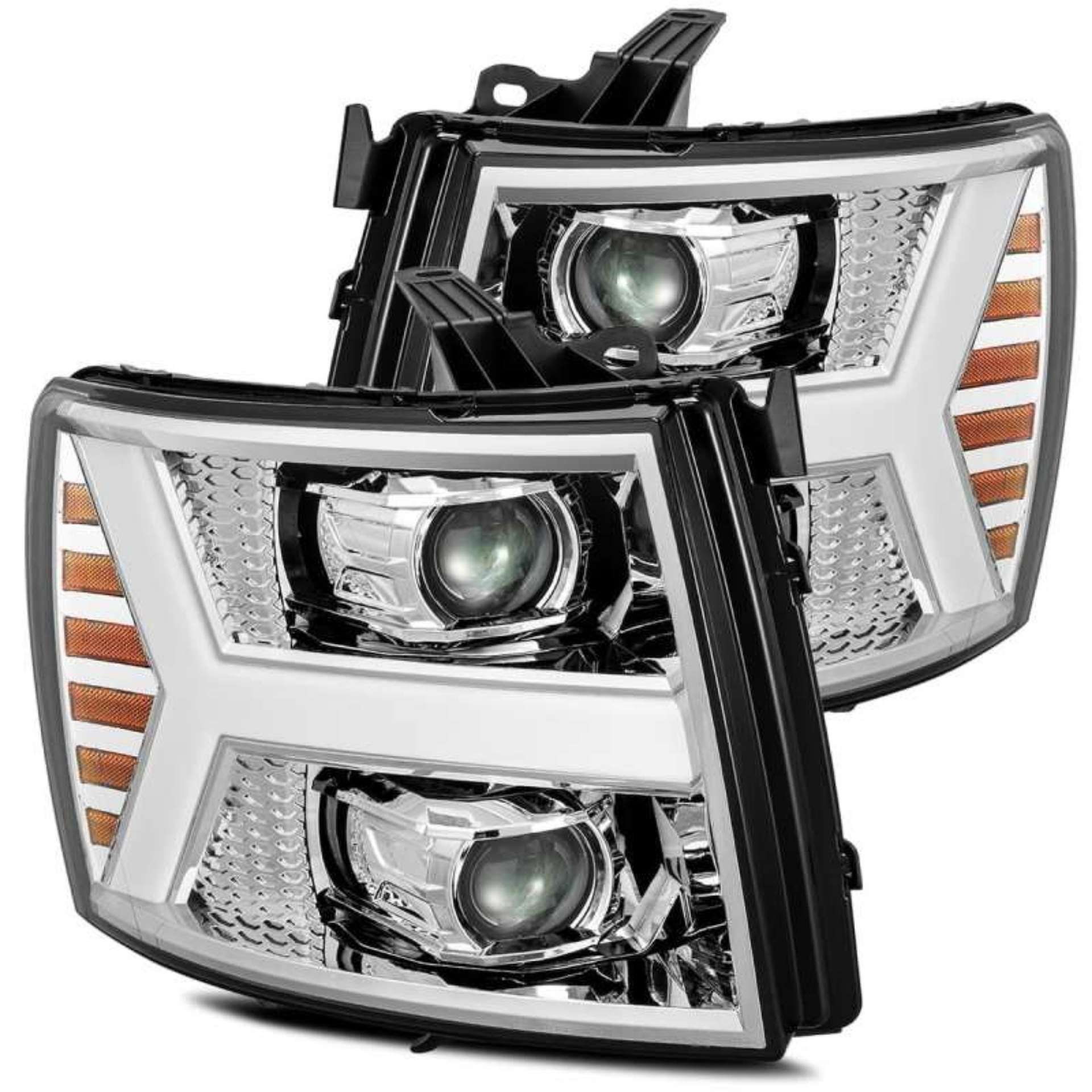 Picture of AlphaRex 07-13 Chevy 1500 LUXX LED Proj Headlights Plank Design Chrome w- Activ Light-Seq Signal-DRL