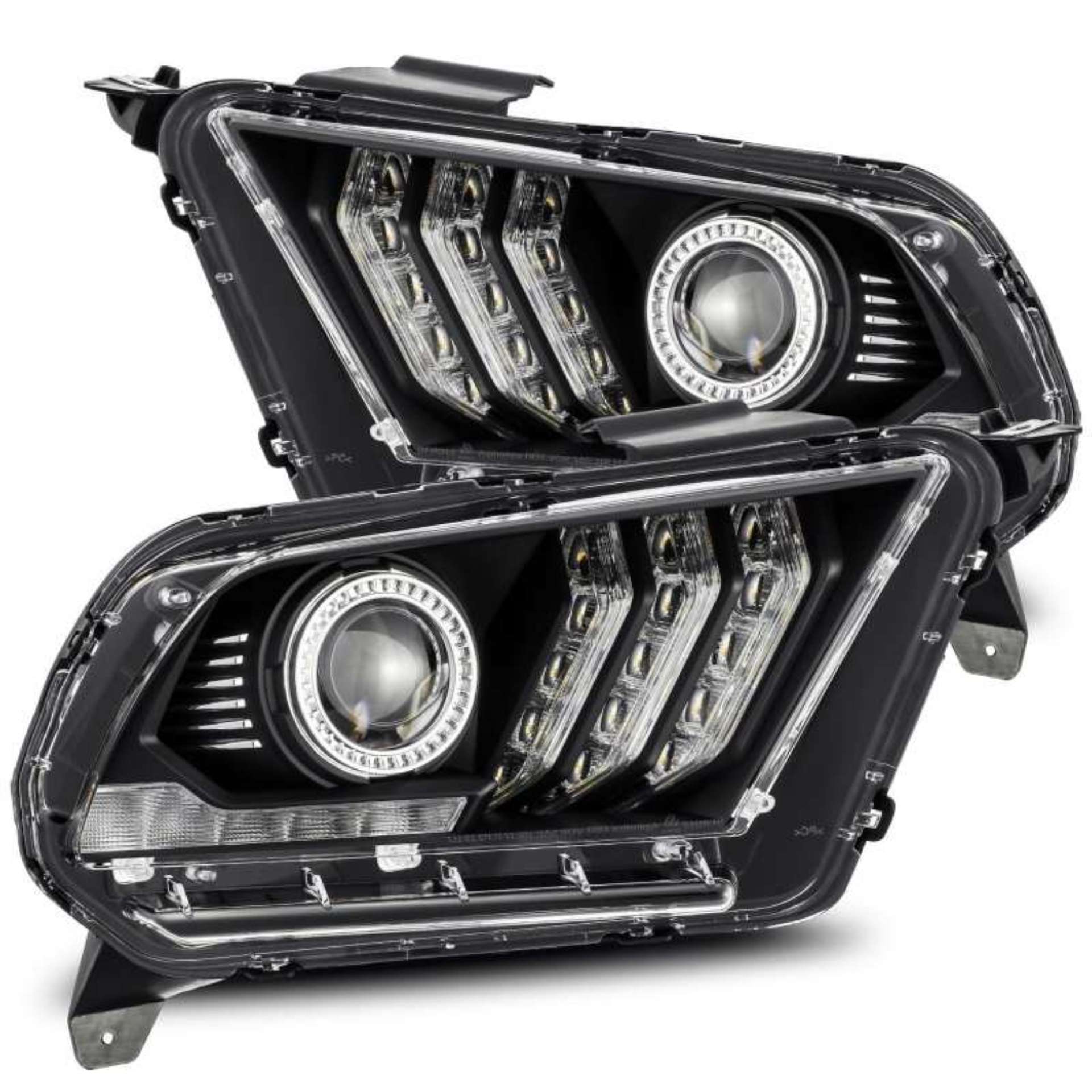 Picture of AlphaRex 10-12 Ford Mustang PRO-Series Projector Headlights Plank Style Jet Black w-Top-Bottom DRL