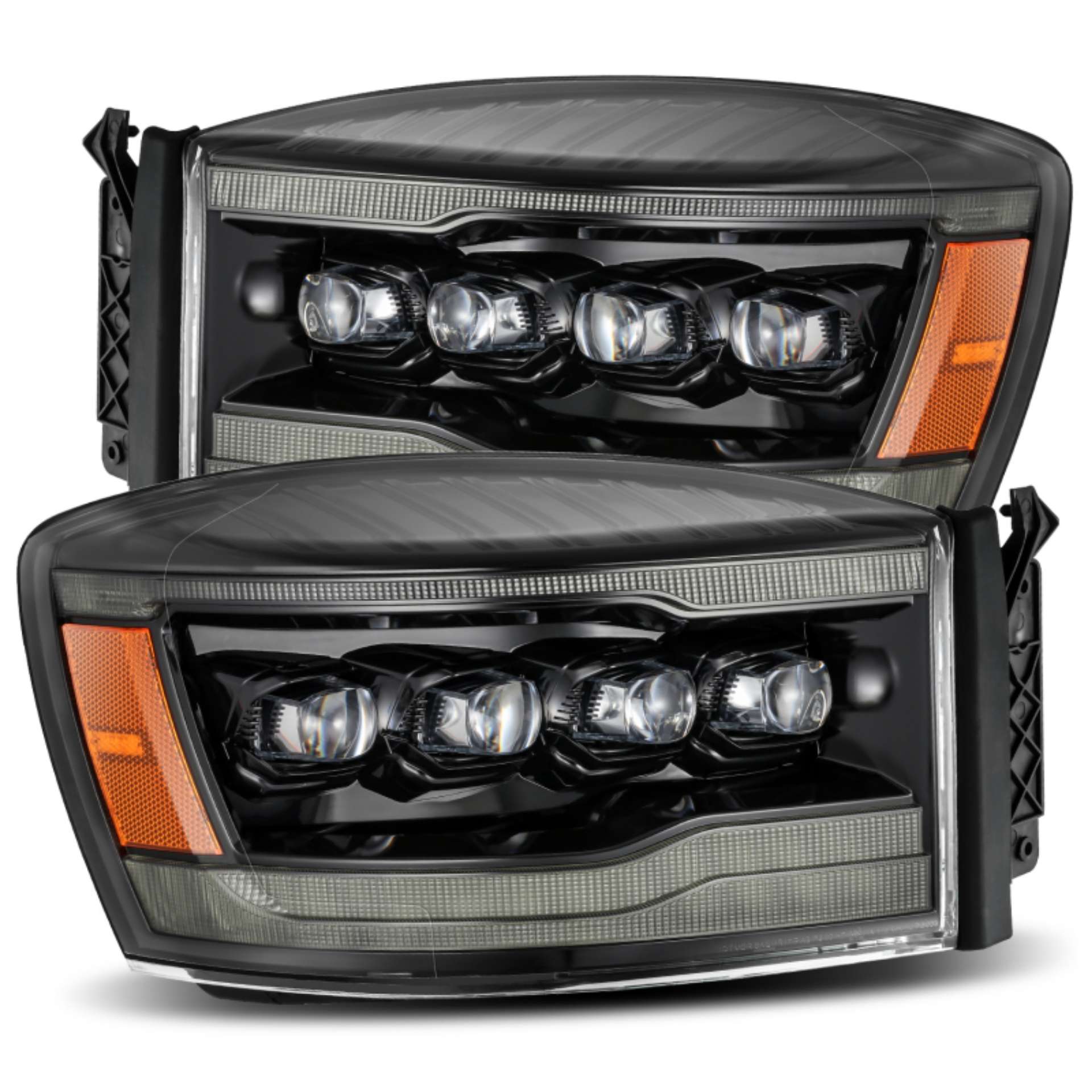 Picture of AlphaRex 06-08 Ram 1500HD NOVA LED Proj Headlights Plnk Style Alpha Blk w-Seq Signal-DRL-Amber LED