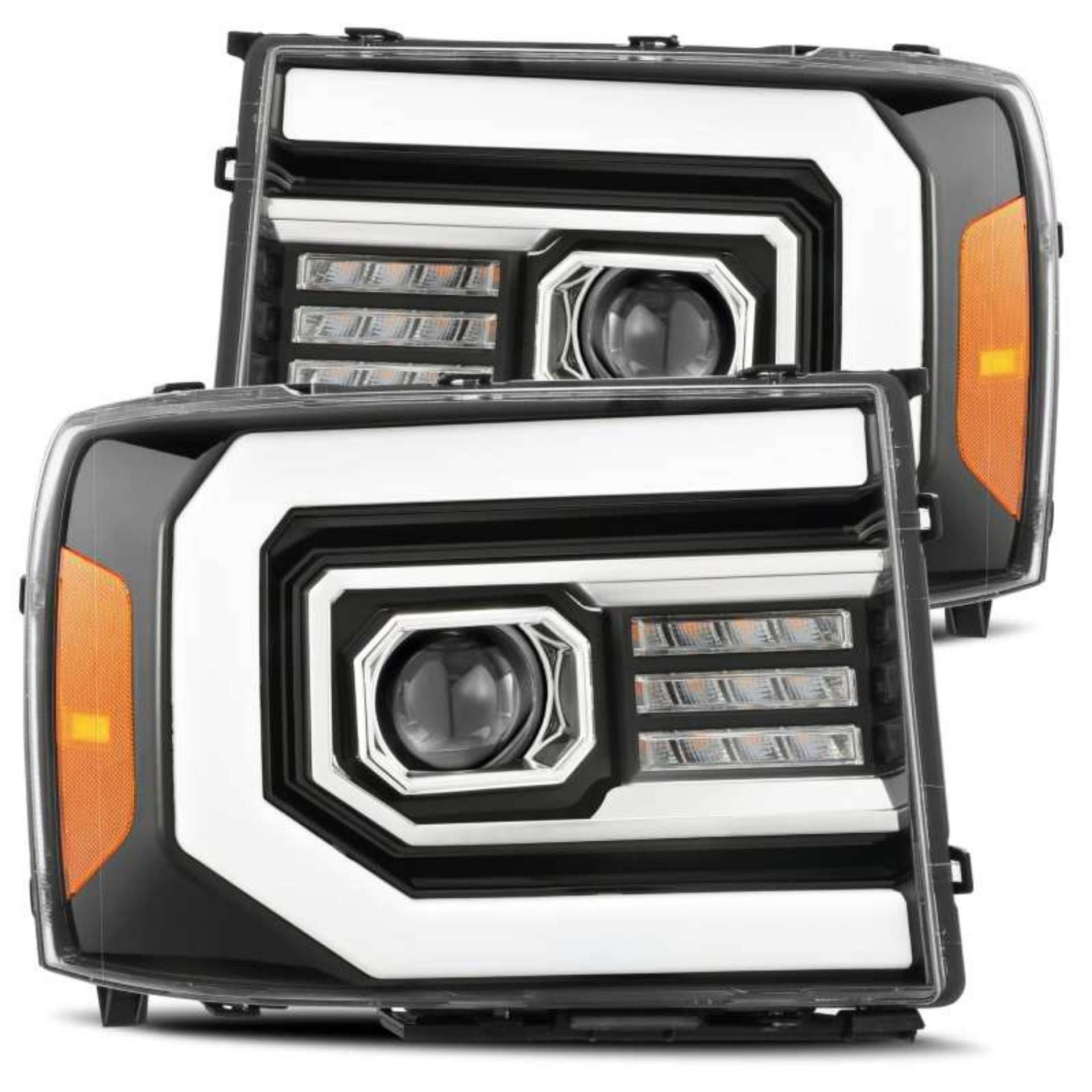 Picture of AlphaRex 07-13 GMC 1500HD PRO-Series Proj Headlights Plank Style Gloss Blk w-Activ Light-Seq Signal