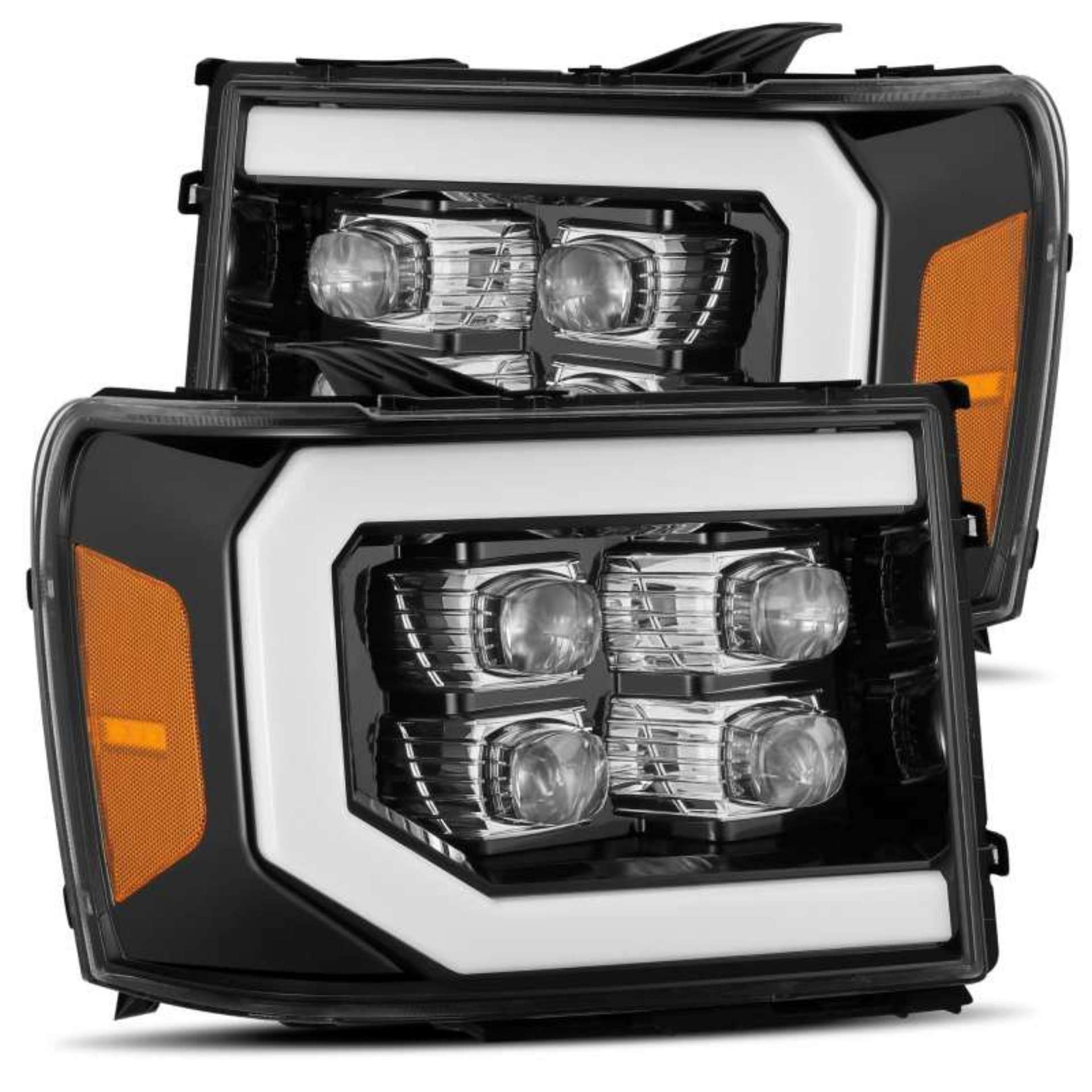 Picture of AlphaRex 07-13 GMC 1500HD NOVA LED Proj Headlights Plank - Jet Black w-Activ Light-Seq Signal-DRL