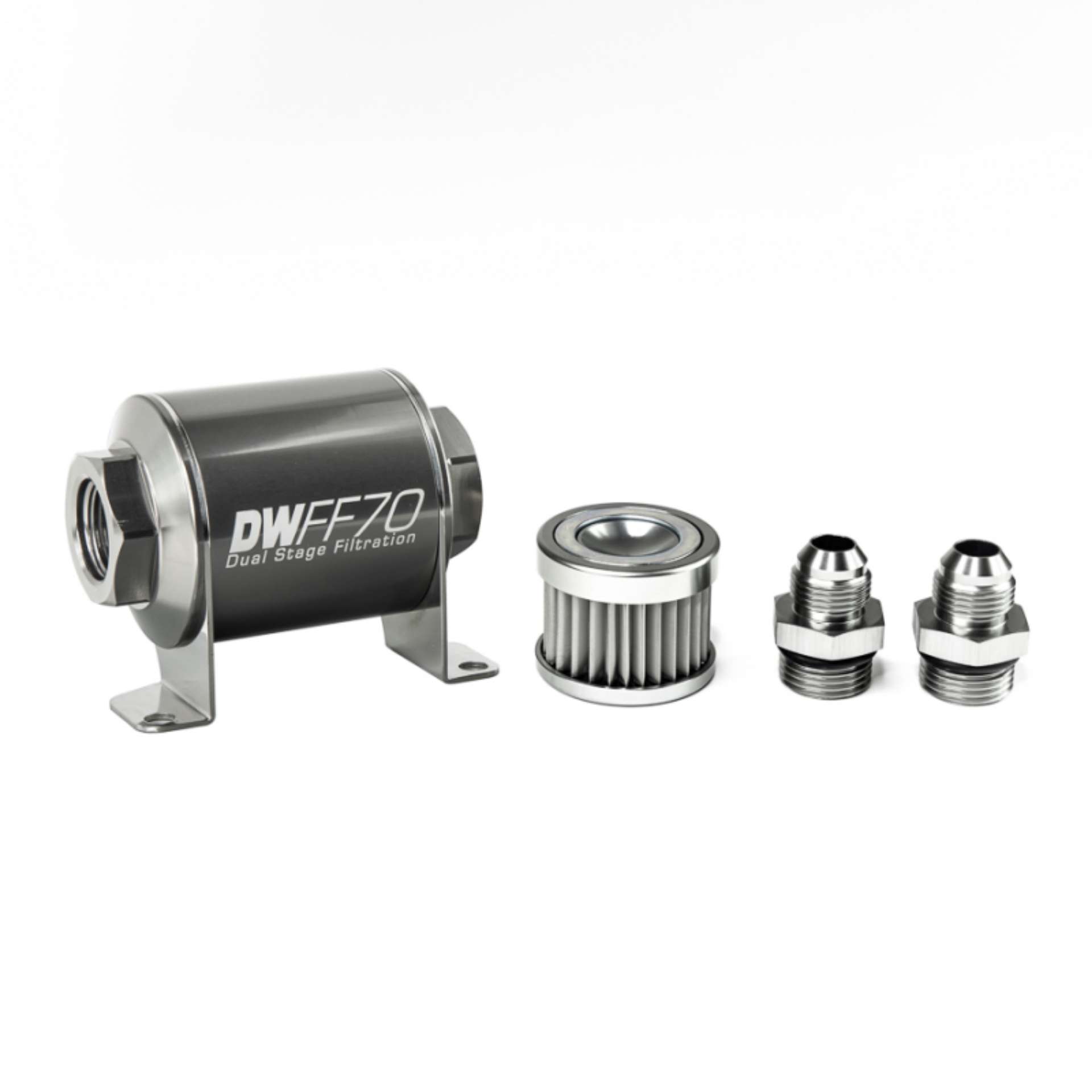 Picture of DeatschWerks Stainless Steel 8AN 5 Micron Universal Inline Fuel Filter Housing Kit 70mm