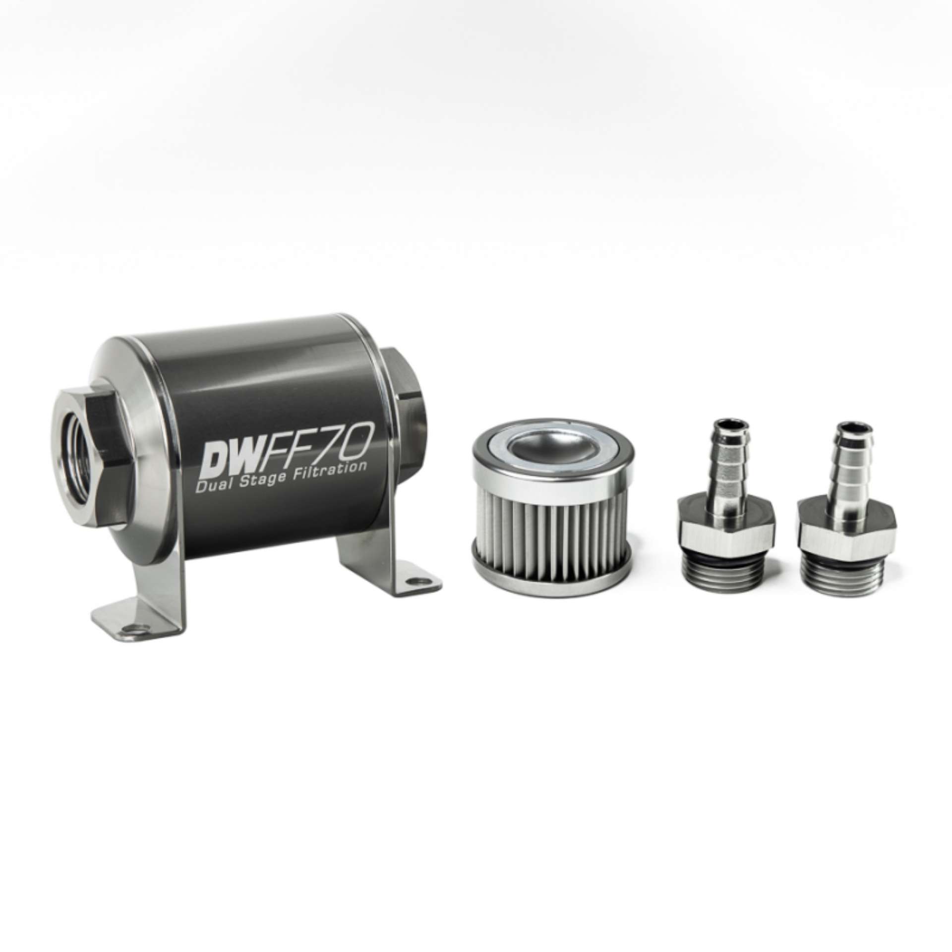 Picture of DeatschWerks Stainless Steel 3-8in 10 Micron Universal Inline Fuel Filter Housing Kit 70mm