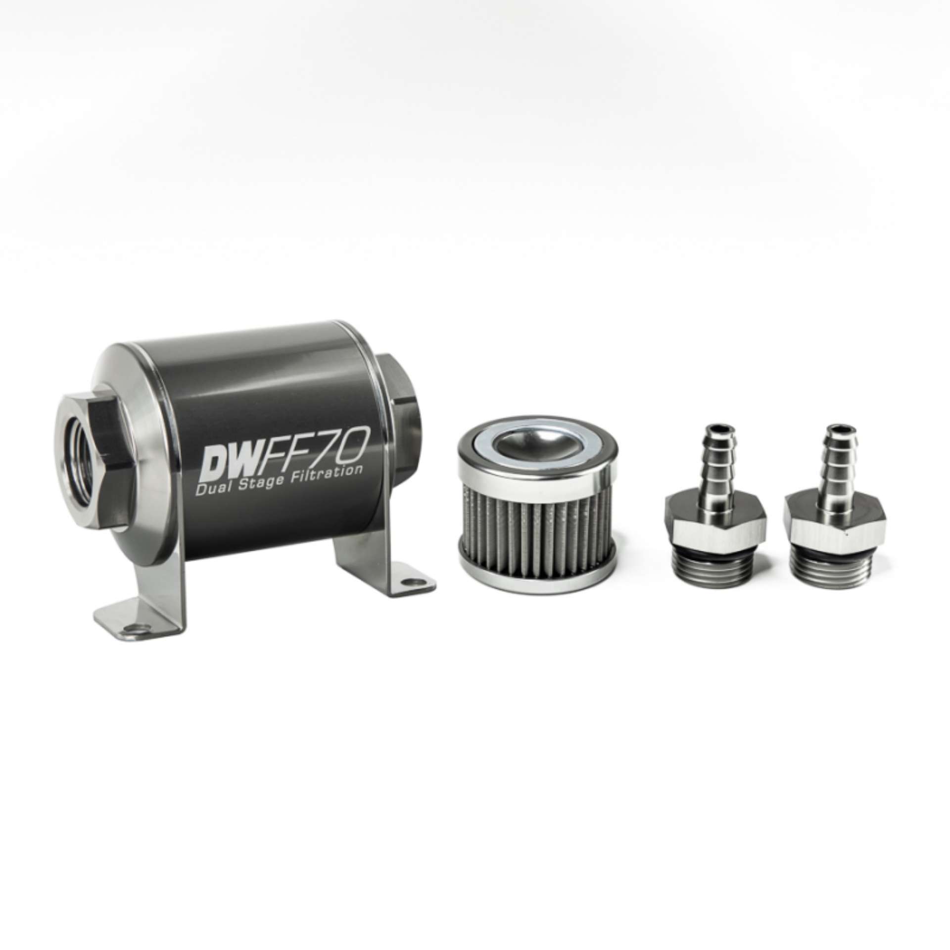 Picture of DeatschWerks Stainless Steel 5-16in 40 Micron Universal Inline Fuel Filter Housing Kit 70mm