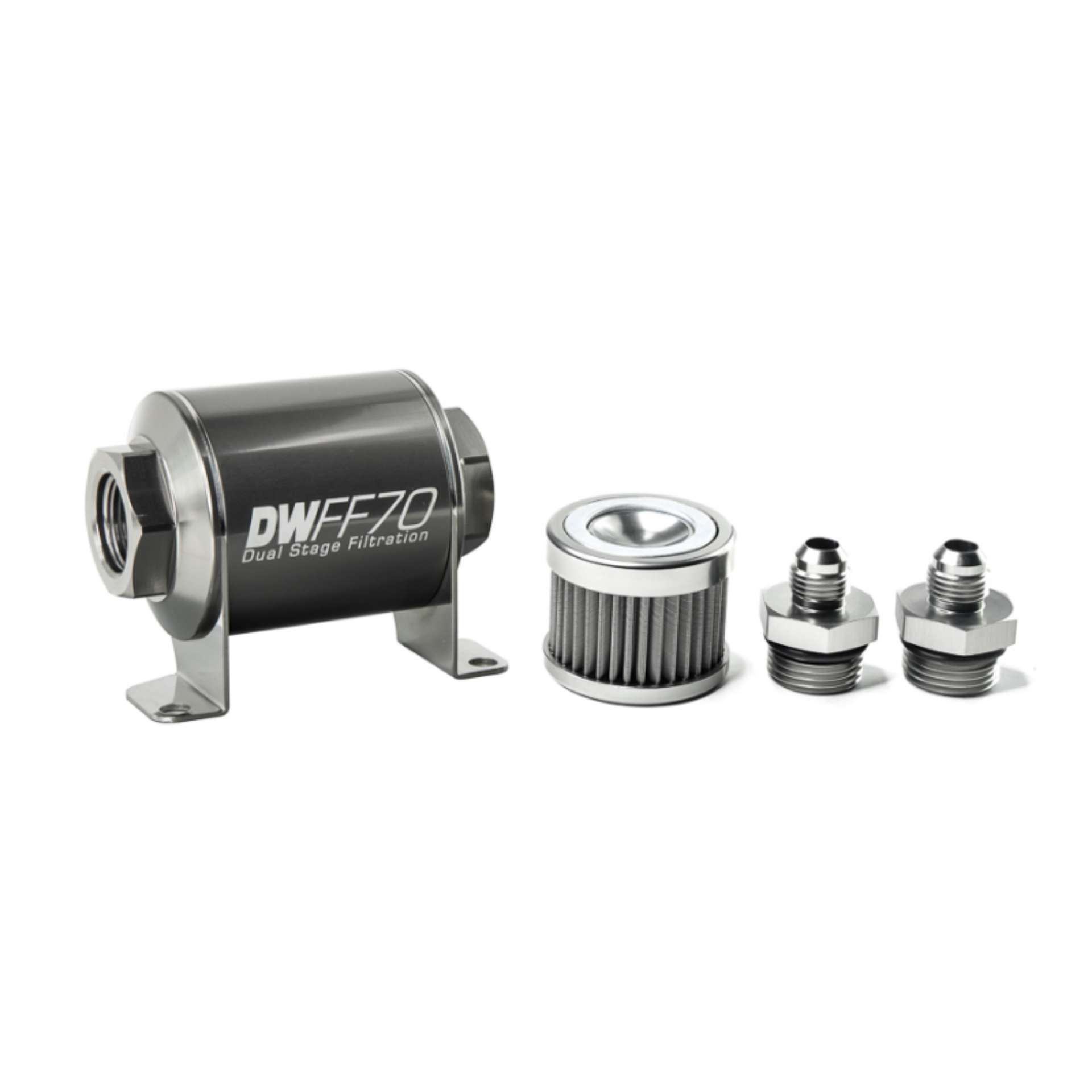 Picture of DeatschWerks Stainless Steel 6AN 40 Micron Universal Inline Fuel Filter Housing Kit 70mm