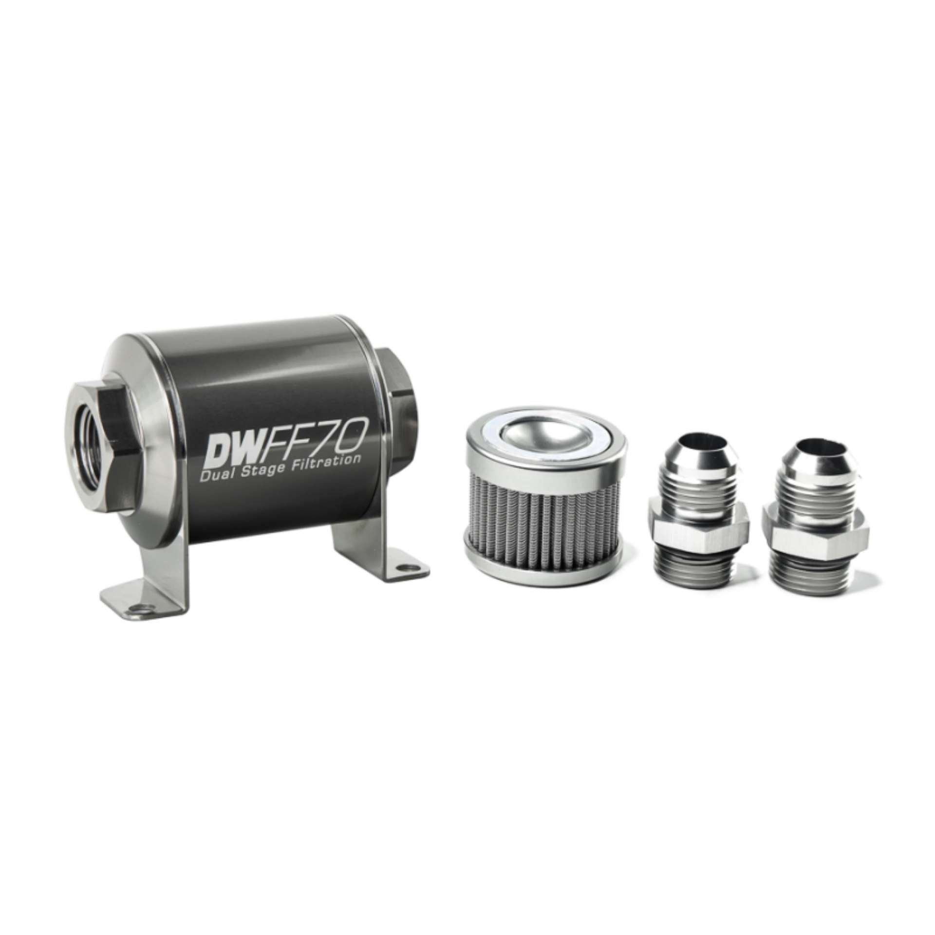 Picture of DeatschWerks Stainless Steel 10AN 100 Micron Universal Inline Fuel Filter Housing Kit 70mm