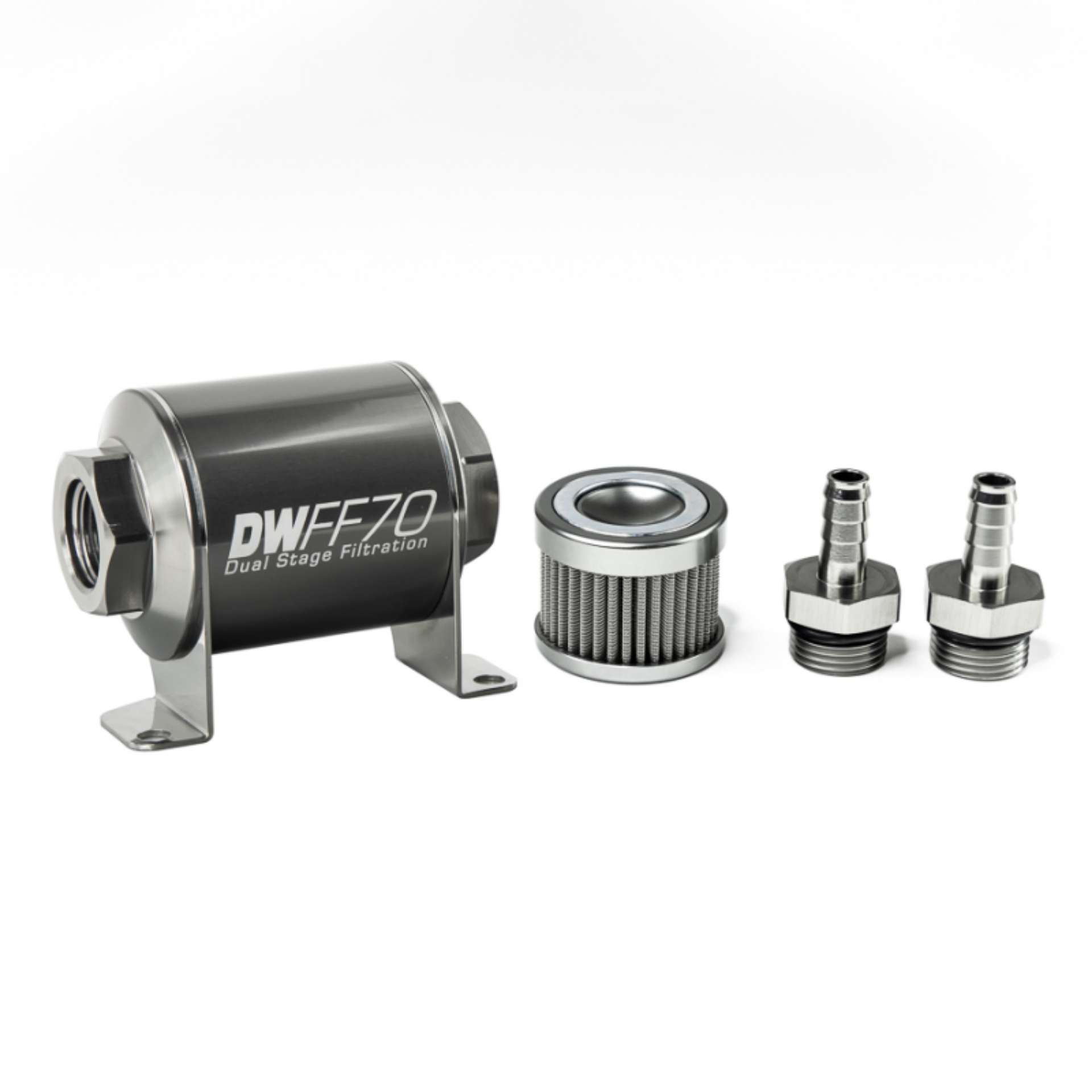 Picture of DeatschWerks Stainless Steel 3-8in 100 Micron Universal Inline Fuel Filter Housing Kit 70mm