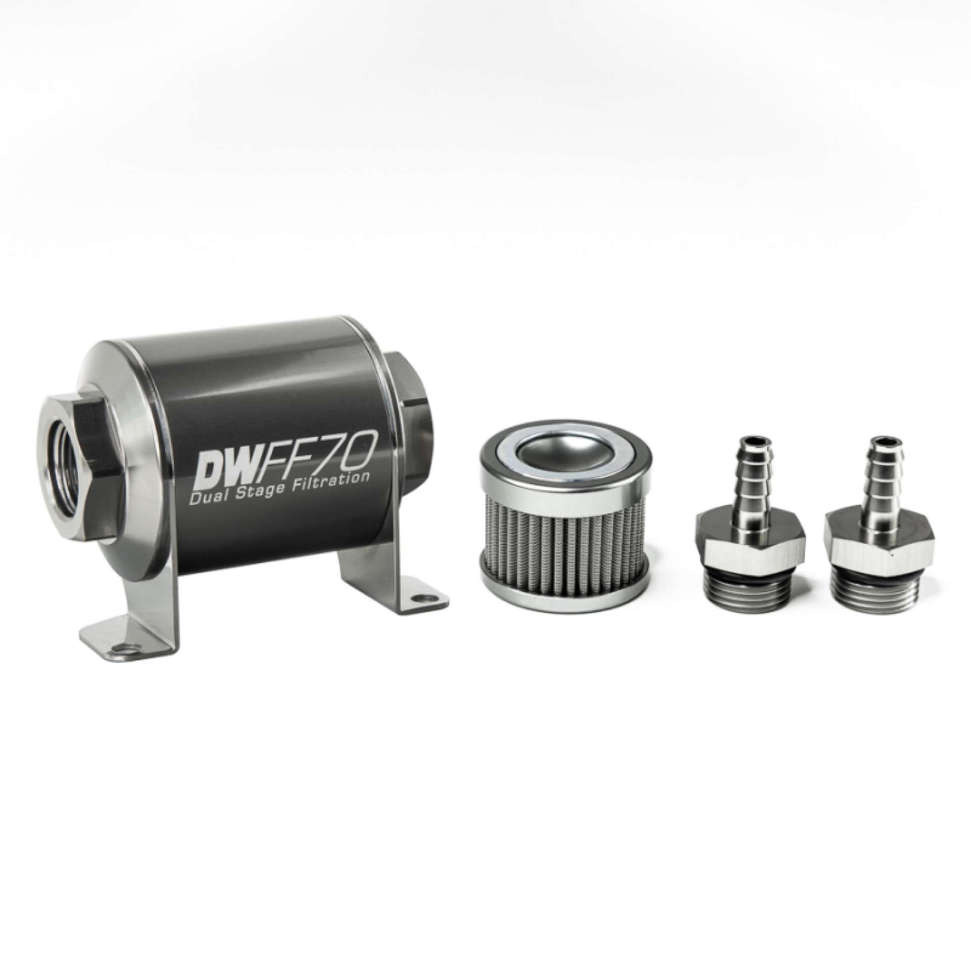 Picture of DeatschWerks Stainless Steel 5-16in 100 Micron Universal Inline Fuel Filter Housing Kit 70mm