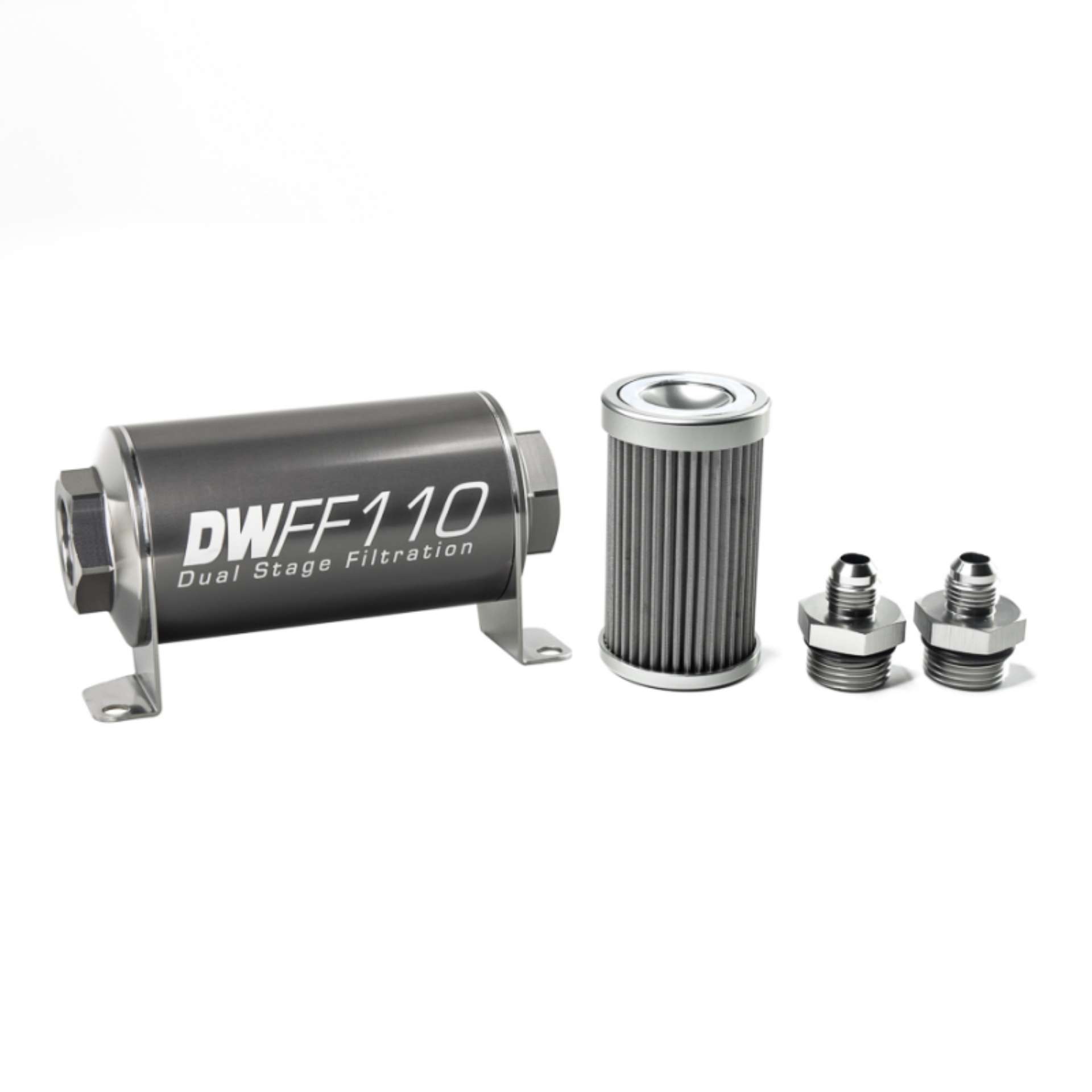 Picture of DeatschWerks Stainless Steel 6AN 40 Micron Universal Inline Fuel Filter Housing Kit 110mm