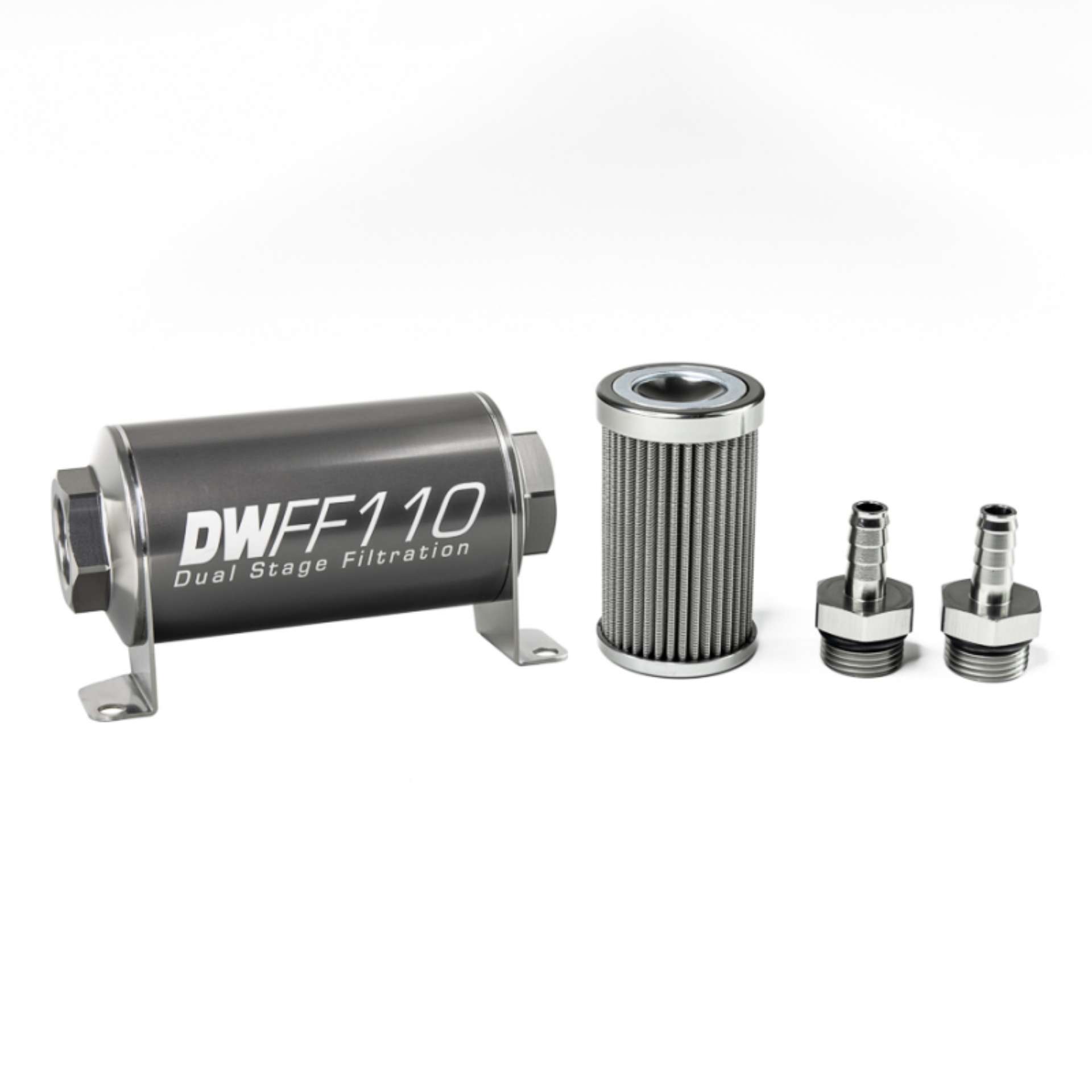 Picture of DeatschWerks Stainless Steel 3-8in 100 Micron Universal Inline Fuel Filter Housing Kit 110mm