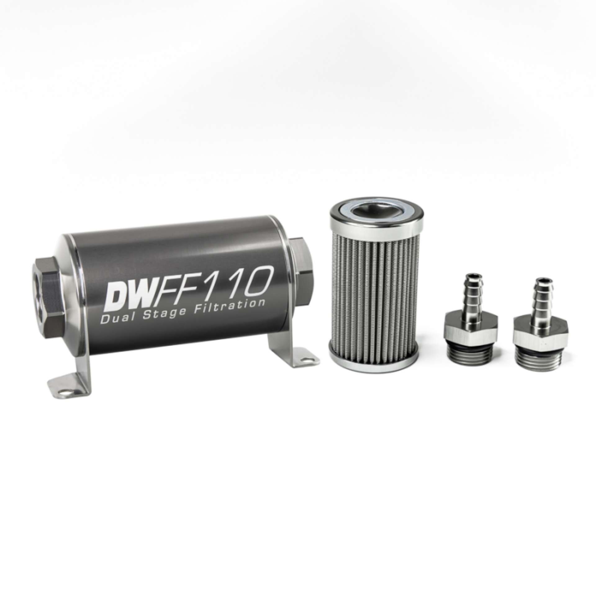 Picture of DeatschWerks Stainless Steel 5-16in 100 Micron Universal Inline Fuel Filter Housing Kit 110mm