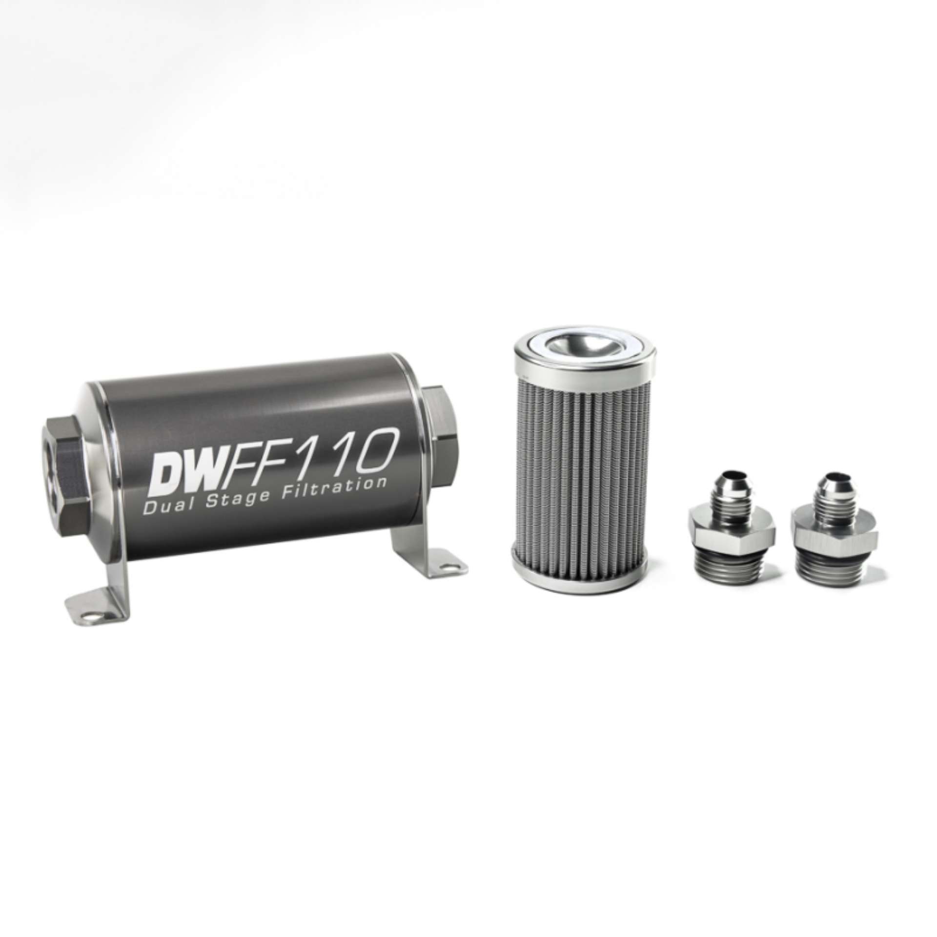 Picture of DeatschWerks Stainless Steel 6AN 100 Micron Universal Inline Fuel Filter Housing Kit 110mm