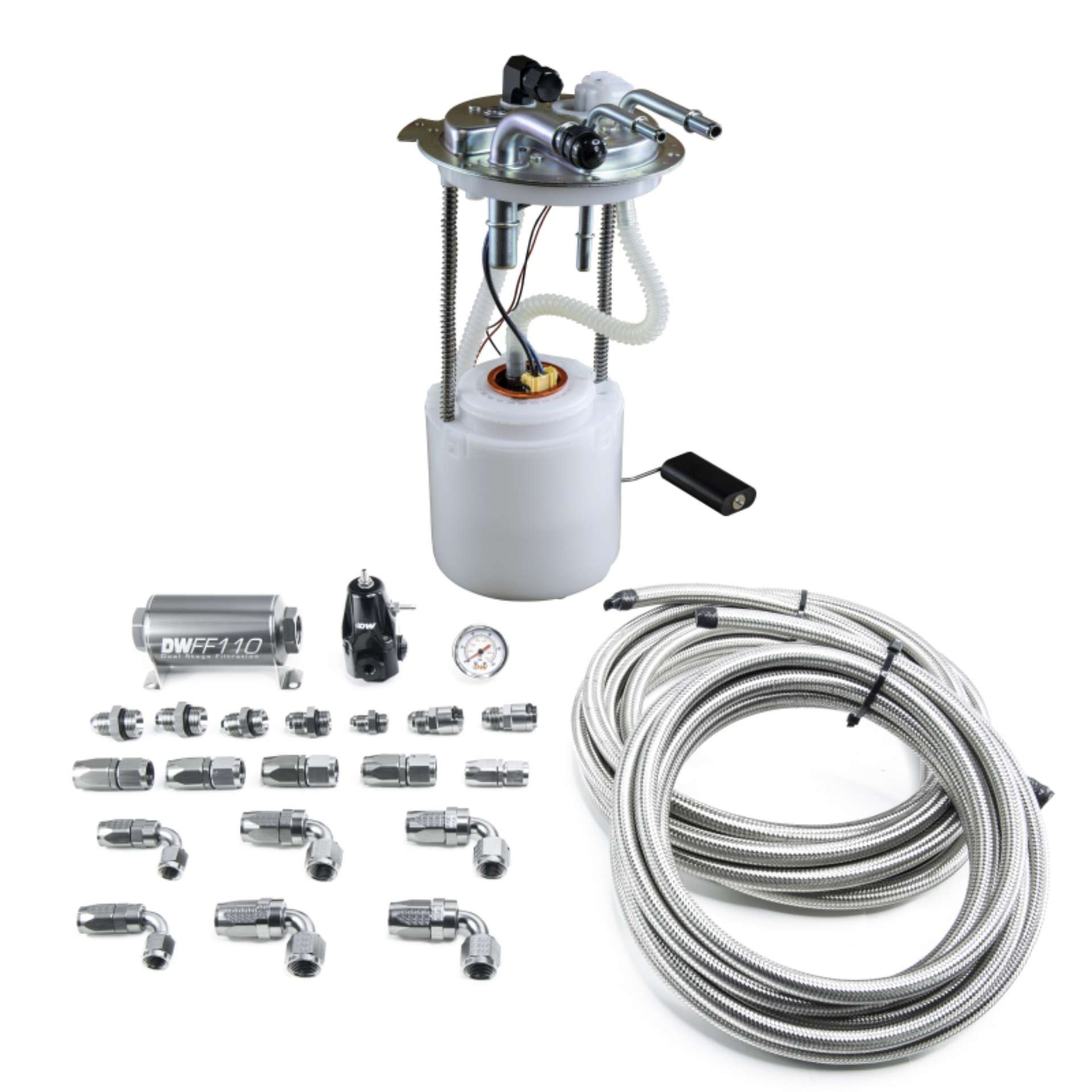 Picture of DeatschWerks 05-19 Yukon-Tahoe-Suburban DW400 Pump Module and Return SS CPE Plumbing Kit