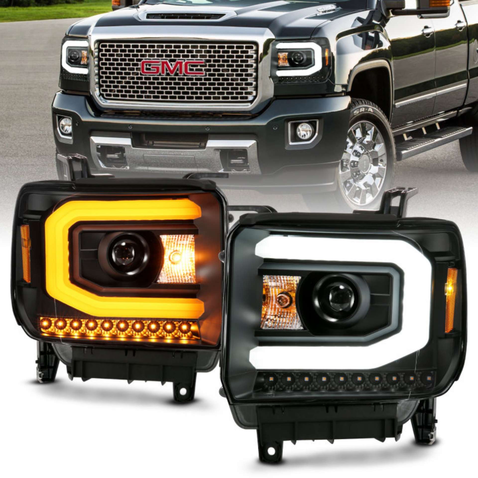 Picture of ANZO GMC SIERRA 1500 14-15 2500H-15-19 Projector Headlight Plank Style Black w- Switchback Halogen