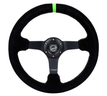 Picture of NRG Reinforced Steering Wheel 350mm-3in- Deep Blk Suede- Neon Green Stitch w-5mm Matte Black Spoke